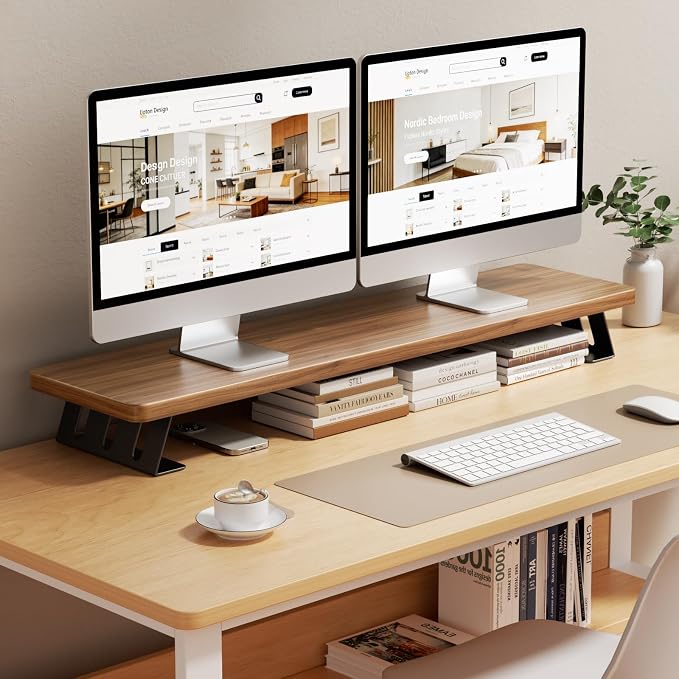 Dual Monitor Stand Riser, 39 Inch Large Wood Monitor Stands for 2 Monitors | Desk Monitor Riser for Computer/Laptop/Printer/TV, Stand Riser up to 220 lbs