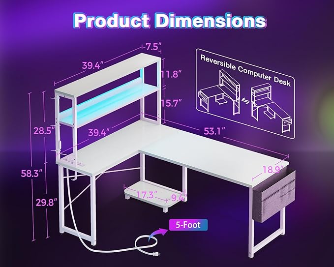 AODK L Shaped Desk Gaming Desk with LED Light & Power Outlet | 53 Inch White Reversible L Shaped Computer Table with Shelf, Corner Desk with Storage Bag&Hook for Home Office Desk