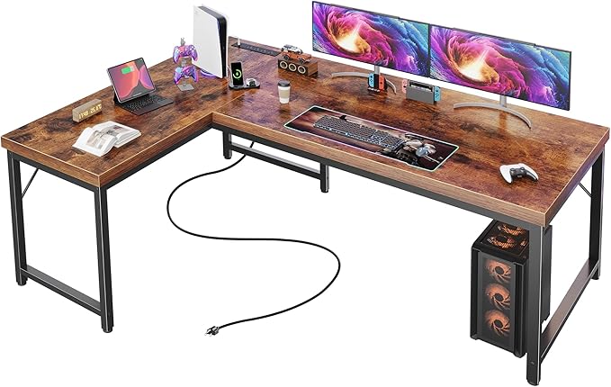 Huuger 55 Inch L Shaped Desk with Power Outlets & 0.95 Inch Thicker Desktop | Reversible Computer Desk, Larger Office Corner Gaming Desk, Metal Frame, for Home Office, Study, Rustic Brown