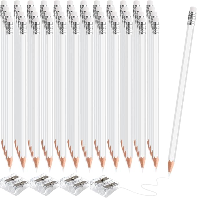48 PCS White Colored Pencils with Eraser Pre Sharpened Pencil 2 HB - Ideal for Checking, Grading, Tests & Office/School Supplies (White)