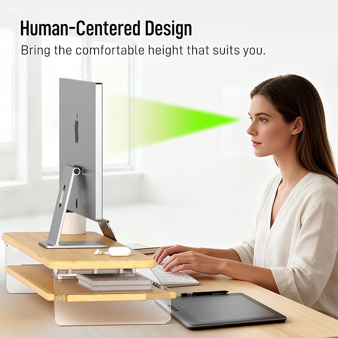 Bamboo Dual Monitor Stand for Desk,31.5 In 2 Tier Computer Riser Organizer | Desk Organizer Adjustable Arylic Feet Computer Monitor Stand, Desk Shelf for Office