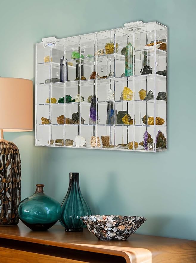 Adjustable Acrylic Display Case Clear Wall Mounted or Desktop 35 Room | Crystal Organizer Storage Cabinet Organizer for Collectibles, Figures, Rock Collection, with Mirrored & Lid