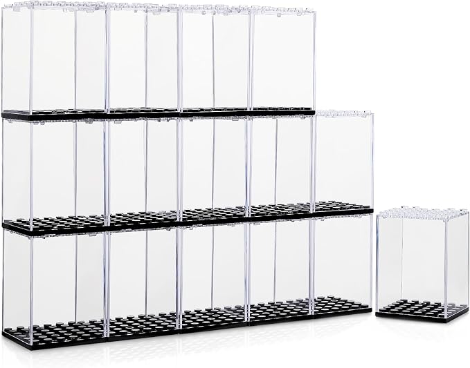 15 Display Cases Fits for Minifigures, Mini-Figures Display Boxes Fits for Figures Display, Single Mini-Figures Storage Case for Figures Collectors, Dust-Proof (Black)