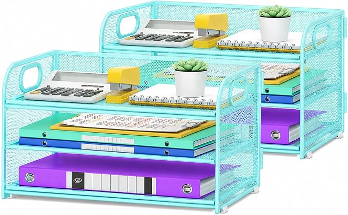 Cawukege 2 Pack 3 Tier Paper Organizer with Handle, Metal Desk Organizer Mesh Paper Letter Tray Desktop File Folder Document Sorter for Classroom, School, Office Accessories Storage (2, Blue)
