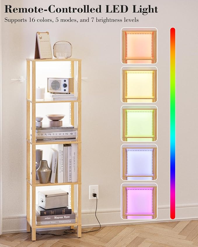 Open Book Shelf with LED Lights, 5 Tier Tall Bookshelf, Freestanding Shelf Narrow Bookcase with Open Shelves, 14.96" x 10.63" x 53.54", Book Shelves for Living Room, Office, Study, Oak