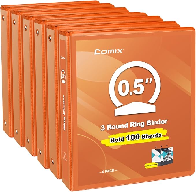 COMIX Sturdy 0.5 Inch 3 Ring Binder with Clear View Cover | 0.5"Heavy Duty Round Ring,PVC-Free Board,Holds 100 Letter Sheets,Wholesale for Offices & Classrooms,6 Pack (Orange)