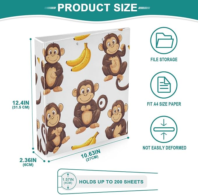 Caikeny 3 Ring Binder Yellow Bananas Brown Monkeys 1.5 Inch Binders Round Ring Clipboard with 2 Pockets for Office Supplies