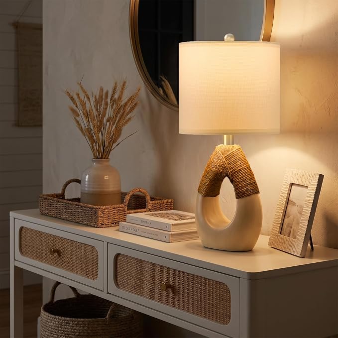 19” Boho Table Lamps Bedroom Living Room,Suitable for Small Space,Farmhouse Rattan Lamp Rustic Egg Design Resin Nightstand Bedside Lamps for Bedroom Living Room Office Study Rest Decor