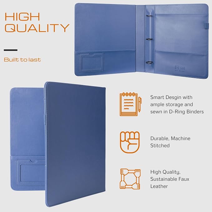 2Fold 3 Ring Binder 1 Inch with Clear Front Pocket - Premium PU Faux Leather Presentation Binder - Extra Storage Pockets for Office Supplies, Business Card Holder, and Pen/Pencil Loop (1 Inch, Blue)