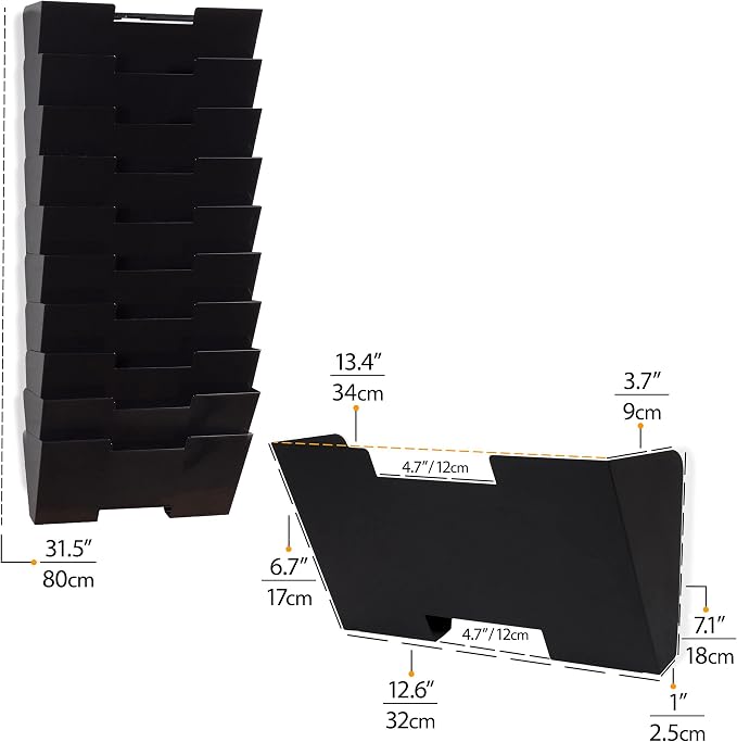 Wallniture Lisbon 10-Tier Wall Mounted File Holder and Desk Organizer, Metal Black Office Organization and Storage Rack