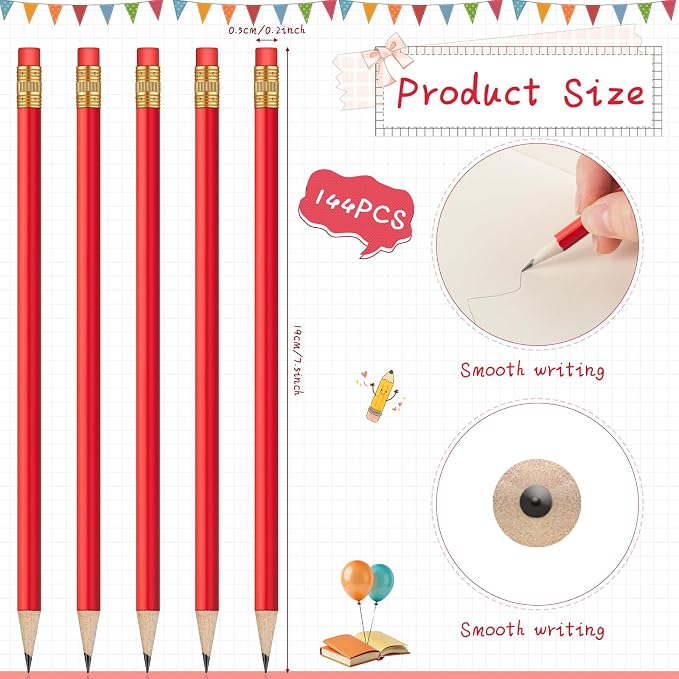 Outus 144 Pieces Round Pencils Cute HB Graphite Wood Pencils Bulk with Eraser for School Writing Drawing Sketching Wedding Office Supplies(Red)