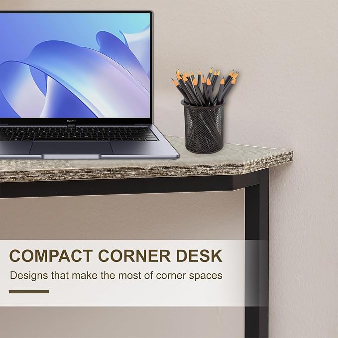 VECELO Corner Desk,Office Tables for Living Room for Small Space Triangle Computer Desk with Steel Frame Corner Shelves with Metal Frame Writing Desk for Workstation Classic Grey 30.5"