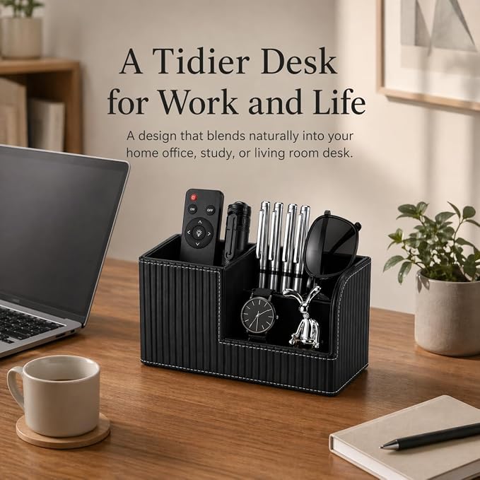 Desk Pen Organizer Office Supplies Caddy Pu Leather Multi-function Storage Box Pen/Pencil,Cell phone, Business Name Cards Remote Control Holder (Black)