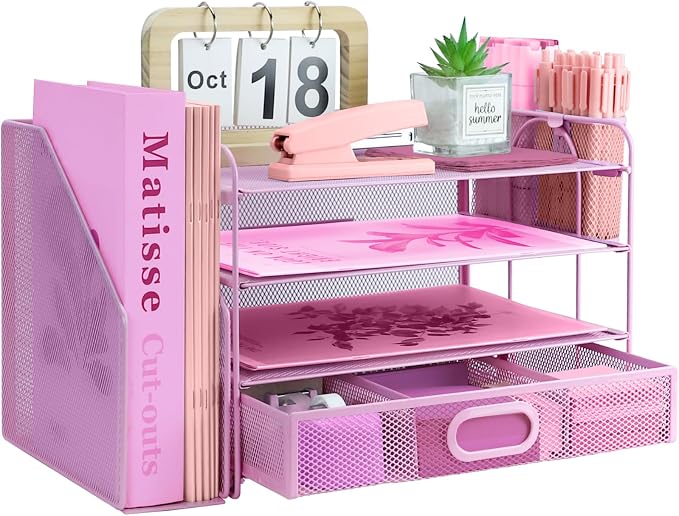 Desk Organizers and Accessories with File Holder, 4-Tier Paper Letter Tray Organiser with Drawer and 2 Pen Holder, Mesh Desktop Document Organizer for Office Supplies, Workspace - Pink