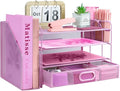 Desk Organizers and Accessories with File Holder, 4-Tier Paper Letter Tray Organiser with Drawer and 2 Pen Holder, Mesh Desktop Document Organizer for Office Supplies, Workspace - Pink