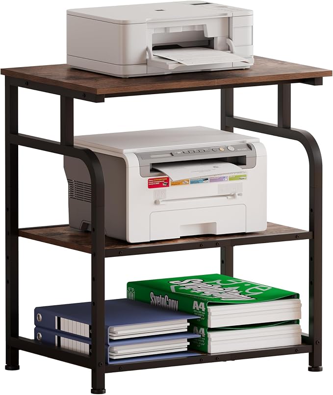 Unionly Large Rolling Printer Stand with Height Adjustable Shelf and Wheels | 3-Tier Rolling Printer Cart with Wheels, Heavy-Duty Wood Printer Table with strudy steel frame for Home Office,Rustic Brown