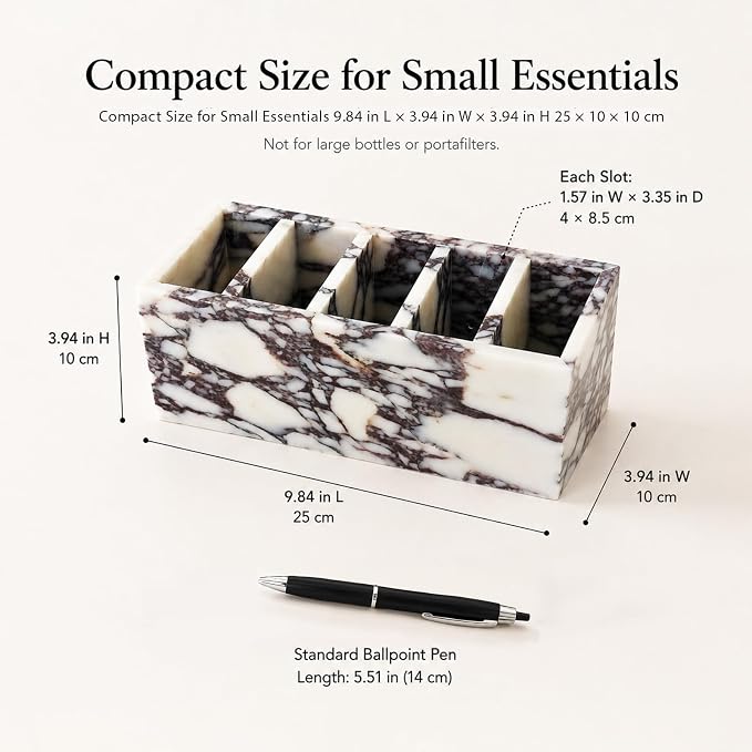 5-Compartment Marble Desk Organizer, 9.84 in | Natural marble 5-section organizer for pens, makeup brushes, cotton swabs, lipsticks, and slim daily items.