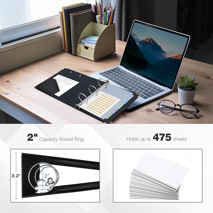 Ospelelf Mini 3 Ring Binder 2 Inch With 5 Tab Dividers, File Folder Labels and Low Profile Clipboards - Cute Black for 5.5" x 8.5" School and Office Supplies