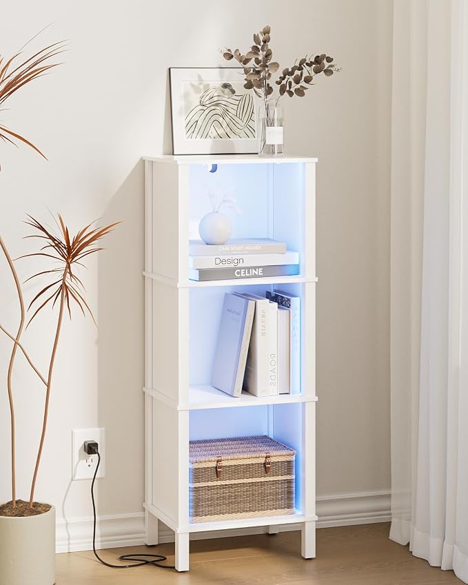 Bookshelf with LED Lights, Modern 3-Tier Bookcase, Open Storage Book Shelf, 11 × 14.2 × 38.9 Inches, Small Narrow Bookshelves for Living Room, Home Office, Bedroom, White