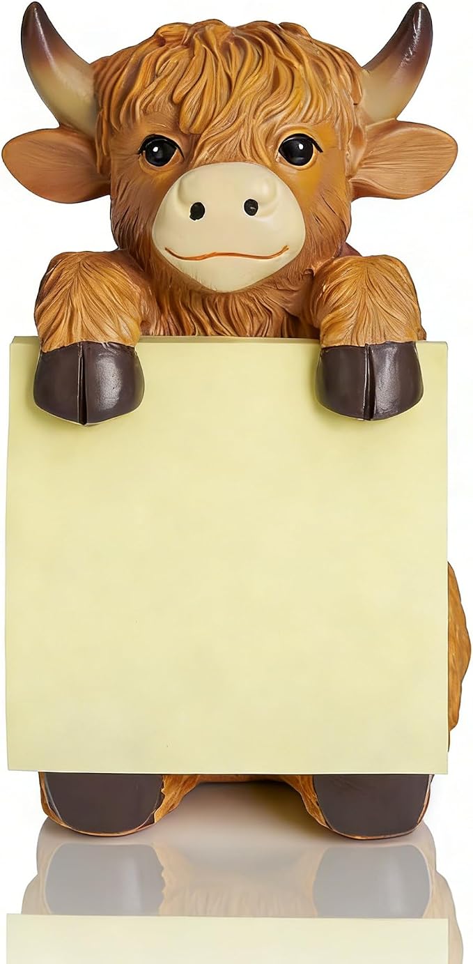 Highland Cow Pop-Up Sticky Note Dispenser for 3 x 3 in Notes, Brown | Includes 100 sheets, handmade resin desk decor for office, home or classroom, gift for teachers, coworkers and cow lovers