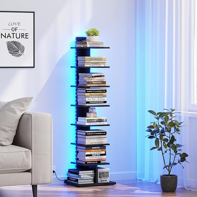 TUTOTAK Book Shelf, Narrow Spine Bookshelf, 8-Tier Bookcase with LED Lights | 10.4 x 13.4 x 47.5 Inches Vertical Freestanding Corner Shelf for Living Room, Office, Small Space, Black BS06BK008L