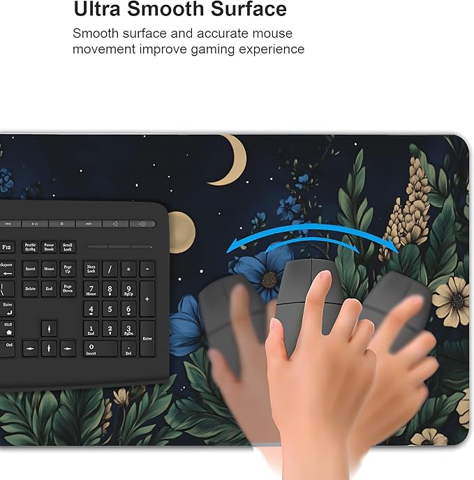 Floral Aesthetic Cosmos Gaming Mouse Pad, Black Blue Vintage Botanical Desk Mat with Anti-Slip Base & Stitched Edges,35.4" x 15.7" in Table Mat for Computer Desktop, Beautiful Workstation Decor
