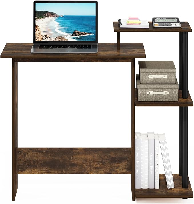 Furinno EFFICIENT Desk, 28.6" Wide Gaming Desk with 3 Open Side Shelves, Laptop Notebook Computer Desk, Office Desk for Home Office, Study Room, Dorm, Bedroom, Amber Pine