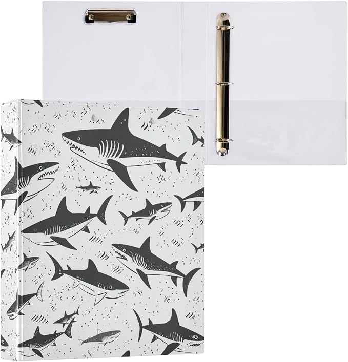 JIPONI 3 Ring Binder Sharks Black 1 Inch Round Binders for Men Women Students, Cute File Organizer for Office School, 1pc