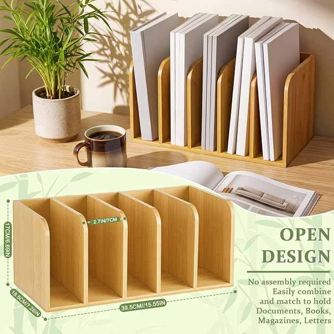 Novabright 5-Slot Bamboo Wooden Magazine File Holder Desk Organizer, 5 Vertical Compartments Workspace Sorters for Magazines, Binders, Notebooks, Envelopes