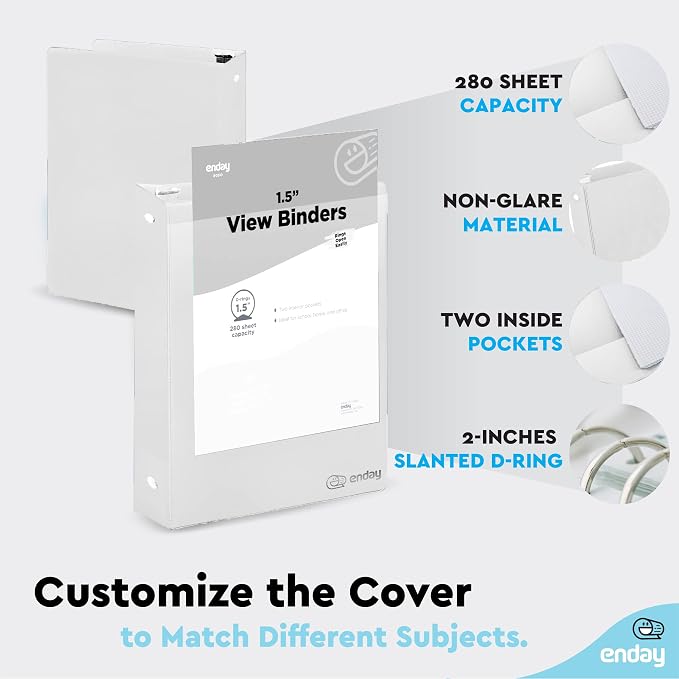 Enday 1.5 Inch Binder (6 Pack - White) 3 Ring Binder 1.5 inch with Clear View Cover and 2 Inside Pocket - for Letter Size 8.5 x 11'' Paper, Ideal for School Supplies, Office, and Home