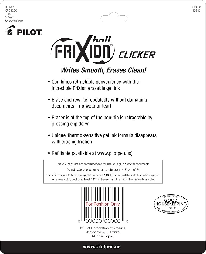 PILOT FriXion Clicker Erasable Pens, 0.7mm Fine Point, Black Ink