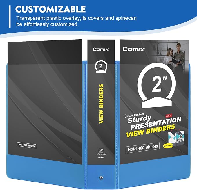 COMIX Sturdy 2 Inch 3 Ring Binder with Clear View Cover | 2"Heavy Duty Round Ring,PVC-Free Board,Holds 450 Letter Sheets,Wholesale for Offices & Classrooms,6 Pack (Assorted Colors)