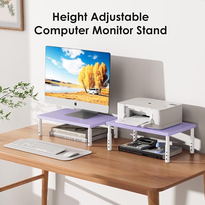 ECOLOVI Adjustable Wood Computer Monitor Stand Riser, Office Desk Organizer and Accessories for Monitor, Laptop, PC, Printer, Office Desk Accessories Workspace Organizer for Home Office Supplies, Purple