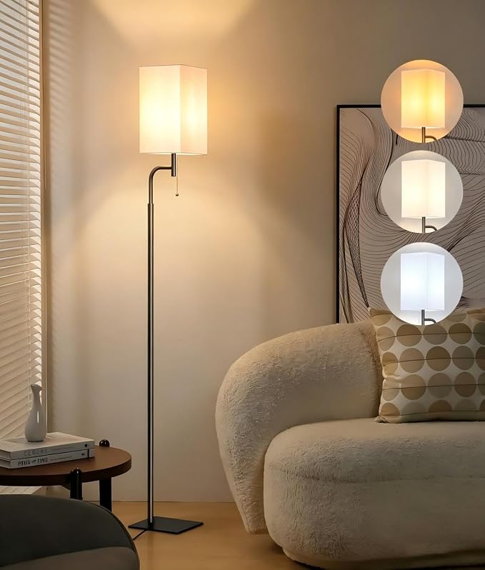 Modern Floor Lamp for Living Room, Linen Shade with Slim Base Design | Fits behind sofas and sectionals|Space-saving design for compact spaces|3 color temperatures for bedrooms and offices