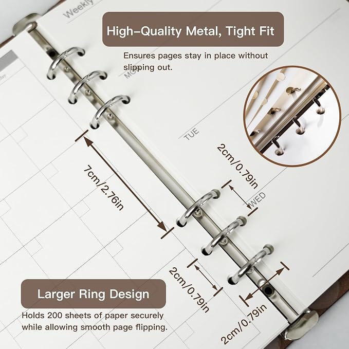 Refillable A5 Leather Binder Notebook, Reusable Leather Journal, Vintage Organizer with 6-Ring Metal Binder, Weekly & Monthly Planner Paper & Pocket, for Writers Business Work Study College and Daily
