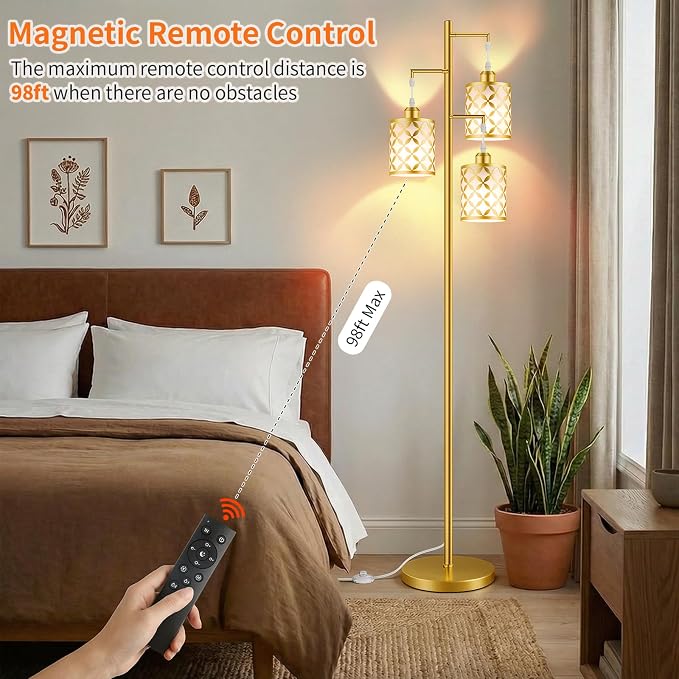 Dimmable Floor Lamp, Farmhouse Standing Lamp with Elegant Metal Cage, Industrial Tall Tree Floor Lamps for Living Room Bedroom Study Office with Remote & 3 x 1100LM 12W LED Bulbs, 72", Gold