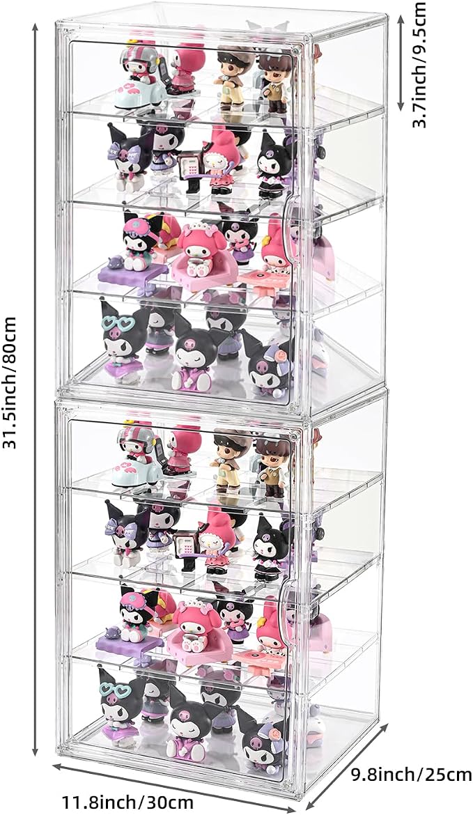 2 Pack 4 Tier Display Case for Collectibles,Clear Display Box with 3 Movable Plates ,Storage Container with Magnetic Door (XXL-4 Tier-2 Pack)
