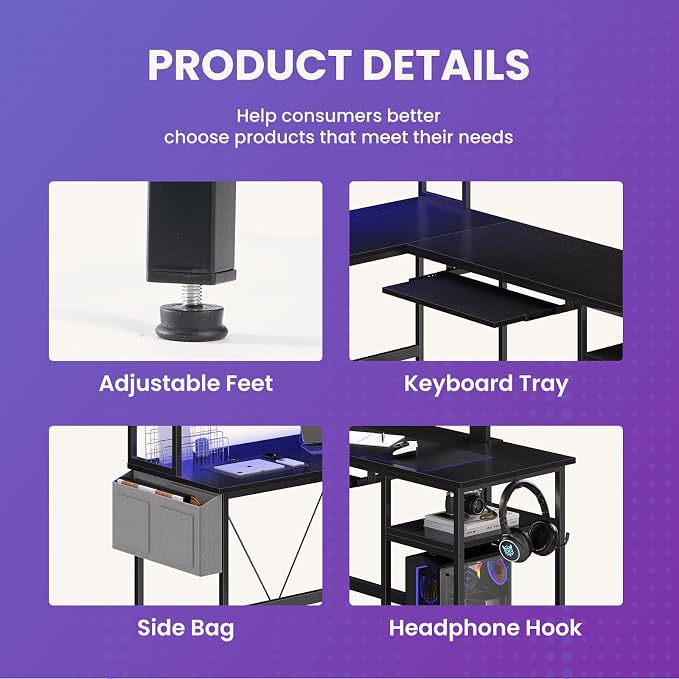 DUMOS 67" L Shaped Gaming Desk, Reversible Computer Desks with LED Lighting | Corner Desk for Compact Spaces, Keyboard Tray & Storage Shelf, Home Office, Black
