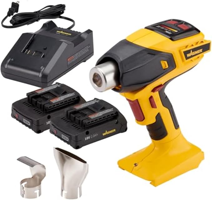 Wagner Spraytech FURNO 550 18V Cordless Heat Gun, 2 Batteries | Variable-temperature 18V heat gun, 550°F to 1000°F, includes two nozzles, two batteries and a charger.