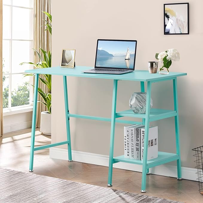 VECELO 43.1 Inch Computer Desk Home Office Blue Study Desk Work Office Table with Shelves Wooden Desk for Bedroom 2 Set