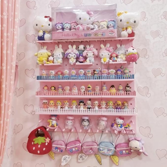 Kawaii Peg Board with Hook, Trinket Shelf for Bedroom, Cute Display Decor | 4 Pack Pegboard Ledges Organizer for Hanging Keychains, Decorative Wall Panel Kits for Blindboxes Lightweight Dolls, Pink