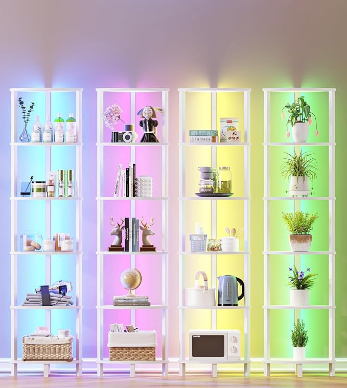 VIMBER Corners Shelf with LED Light, 6-Tier Corner Bookshelf, Industrial Corner-Ladder Shelf, Modern Display Shelf for Living Room, Bedroom, Kitchen, Home Office, Sturdy Frame, White UJSJ002W