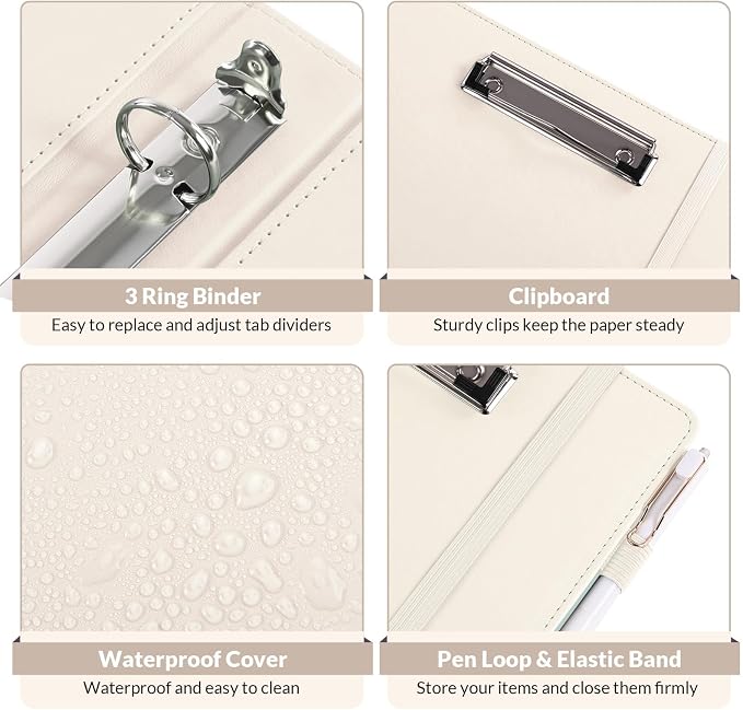 SKYDUE 3 Ring Binder with Clipboard,1 Inch Binder, 13.2" × 10.2" PU Clipboard Binder with Notepad & 5 Dividers with 5 Pockets, Labels, Clipboard Folder Great for School Office(Fit Letter Sized Paper)