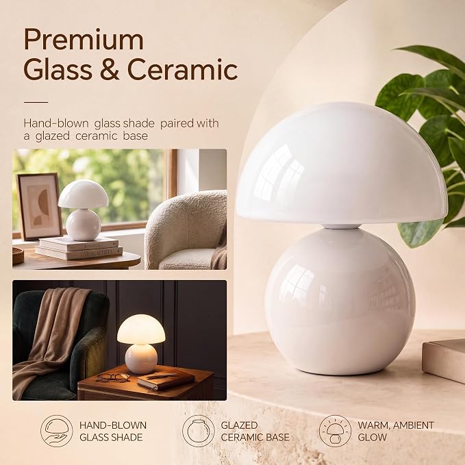 Mushroom Lamp Table Lamp for Bedroom-Small Desk Table Lamps,White | 8.7" Mid Century Modern Table Lamps for Living Room Bedroom Decor,Cute Ceramic Lamps for Mushroom Home Room Decor,Glass Shade