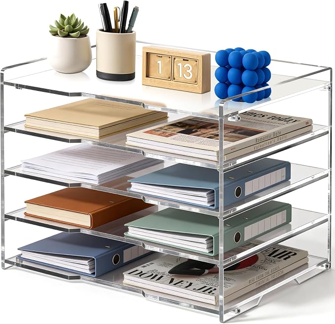 Leffis 5 Tier Acrylic Desk Organizer, Clear Paper File Folder Holder Letter Tray, Desktop Document Sorter for Office Home School Classroom, Tiered Storage Rack for Papers Bills Mail Supplies