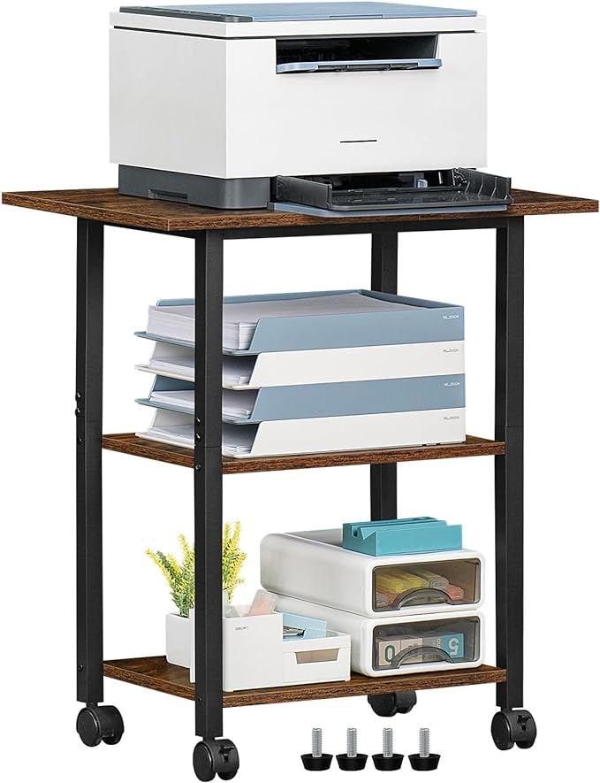 Lerliuo 3-Tier Printer Stand, Industrial Mobile Printer Table with Storage Shelf and Steel Frame, Rolling Printer Cart Holder with Lockable Wheels for Home, Office (White) | White Mobile Printer Cart Holder for Home Office, Lockable Wheels, Open Storag...
