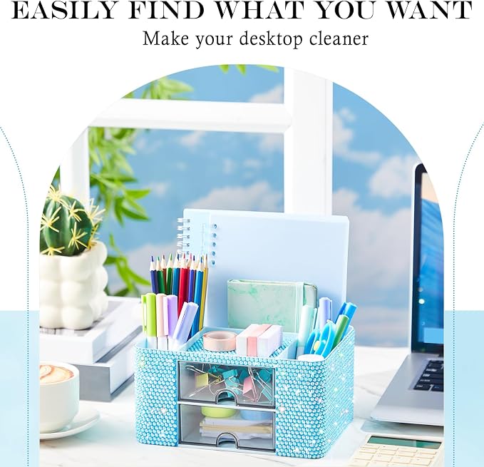 MotiMind Blue Bling Desk Organizer with 2 Drawer, Sparkly Makeup Organizer for Vanity, Girly Desk Accessories, Rhinestone Pen Holder, Elevate Your Workspace with Blue Serenity (Diamond)