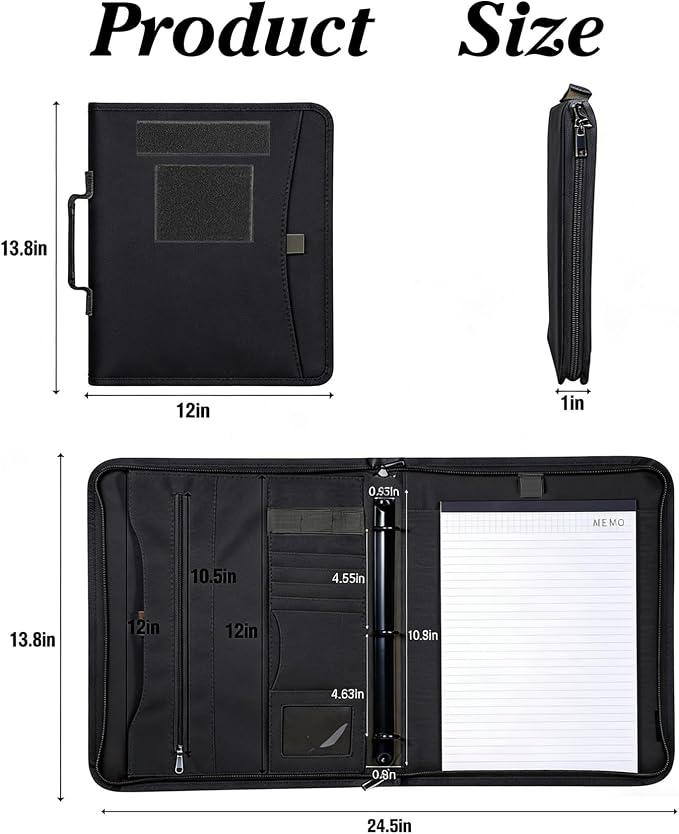 Zippered Padfolio and Tactical Notebook Cover with A4 Letter Paper, Military Multi Storage Handle Bag, Large Binder Planner for Men and Women for Out Work, Travels, Office & School, Black
