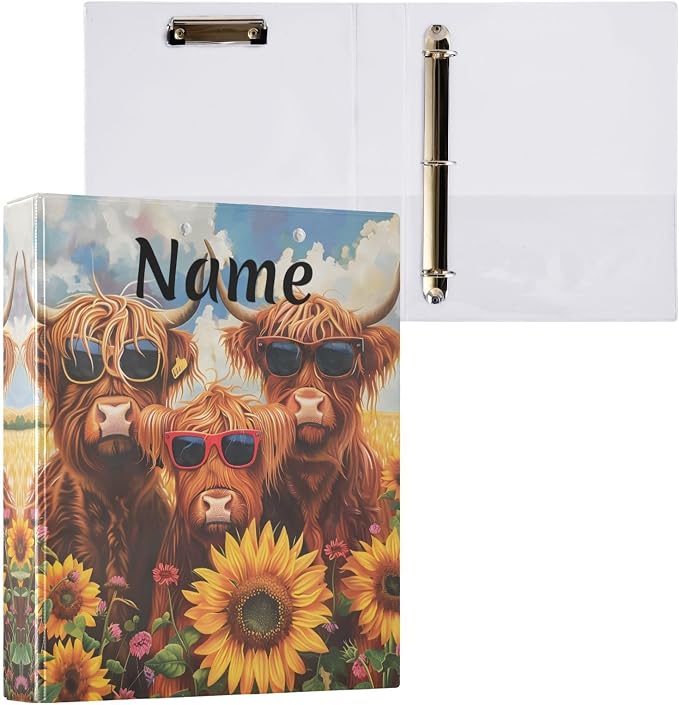 Custom 3 Ring Binder Highland Cows Sunflowers 1.5" Round Ring Binders Personalized Name View Binder with 200 Sheet for Women Men Office Kids School Supplies, 1 Pack