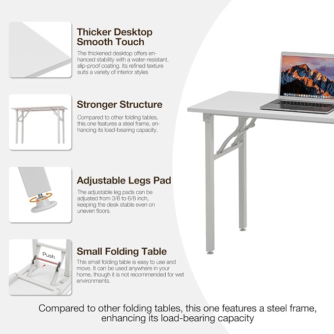 TEMI Long Computer Desk Folding Table - 55.1" Foldable Office Desk, No Assembly, Perfect Writing Table for Bedroom or Apartment, Portable Large Desk or Study Table with Compact Design, White Ash